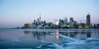 The skyline of Toronto looking across a frozen Lake Ontario